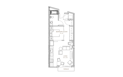 a floor plan of a small apartment with a bedroom and a living room